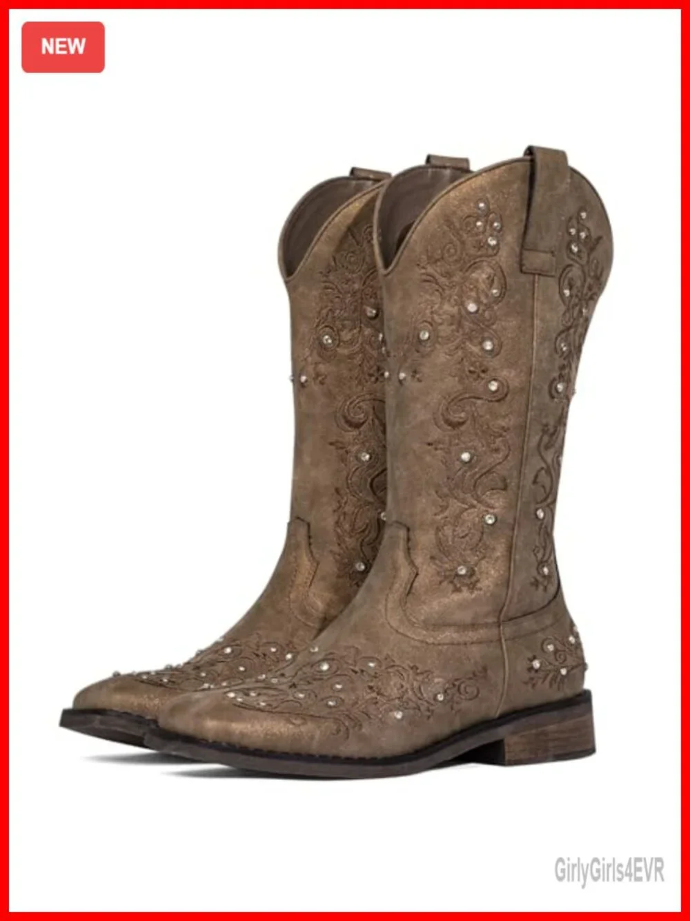 Sparkly Rhinestone Cowgirl Boots Square Toe Mid-Calf Western Pull-On